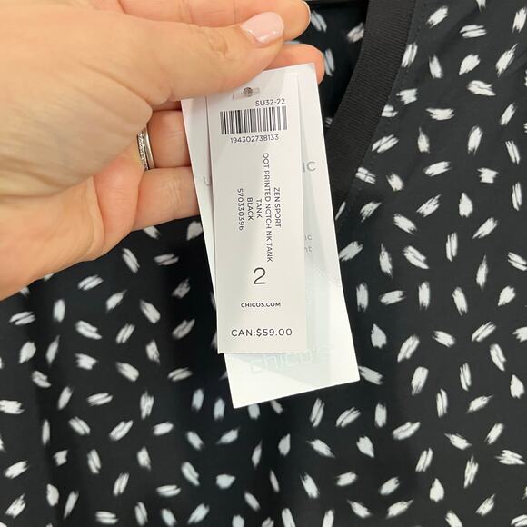 Chico’s Zen Sport Black White Dot Print Notch Neck Tank Top NWT Size 2 US L - Picture 3 of 8